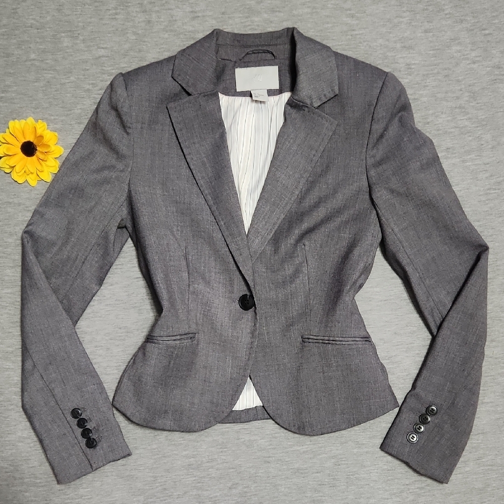 H&M Retro Crop Fitted Gray Blazer Suit Jacket w/ Shoulder-Pads